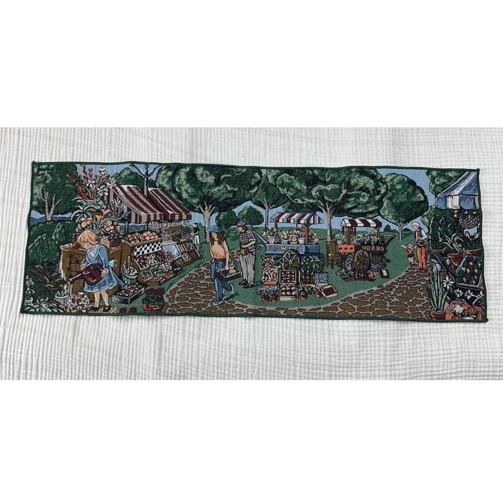 VTG Woven Tapestry table runner village scene outdoor farmers market 12" x 35"
